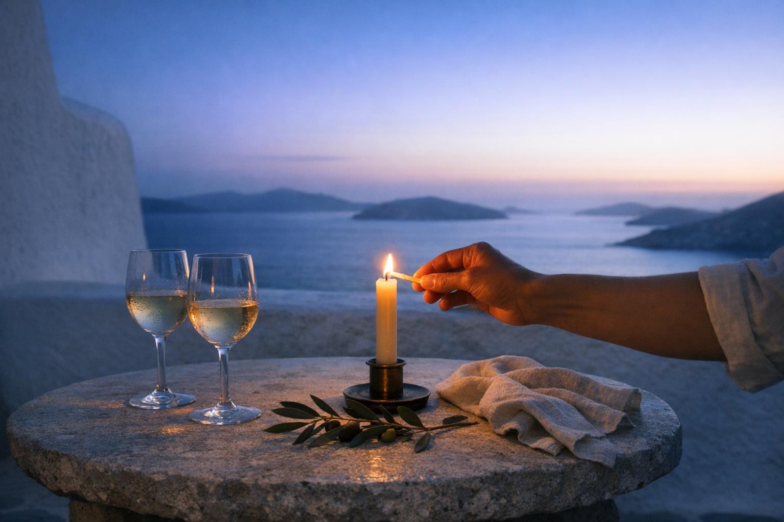 Mão acendendo uma vela em uma mesa de celebração com o mar ao fundo